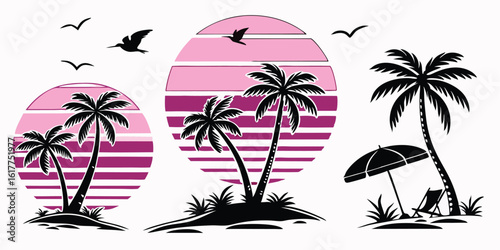 Tropical Island Getaway with Retro Sunset and Palm Trees Vector Illustration Perfect for Summer Vibes