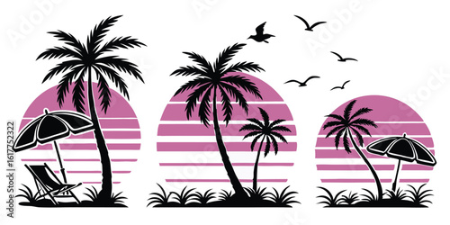 Tropical Paradise Vector Illustration with Palm Trees Sunset and Birds for Holiday Vacation and Summer Getaway Designs