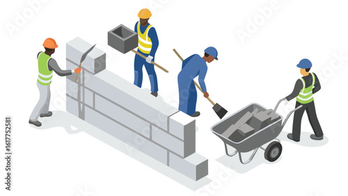Illustration of construction workers building a wall with blocks and using a wheelbarrow and tools