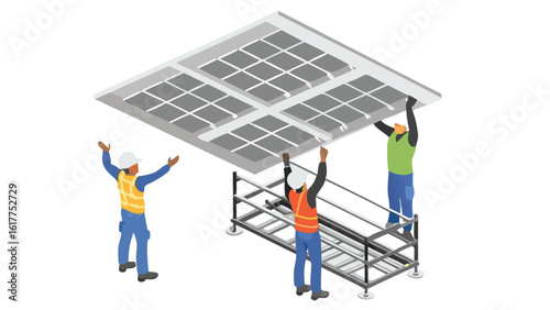 Construction workers installing a large ceiling panel with square designs on a metal scaffolding frame