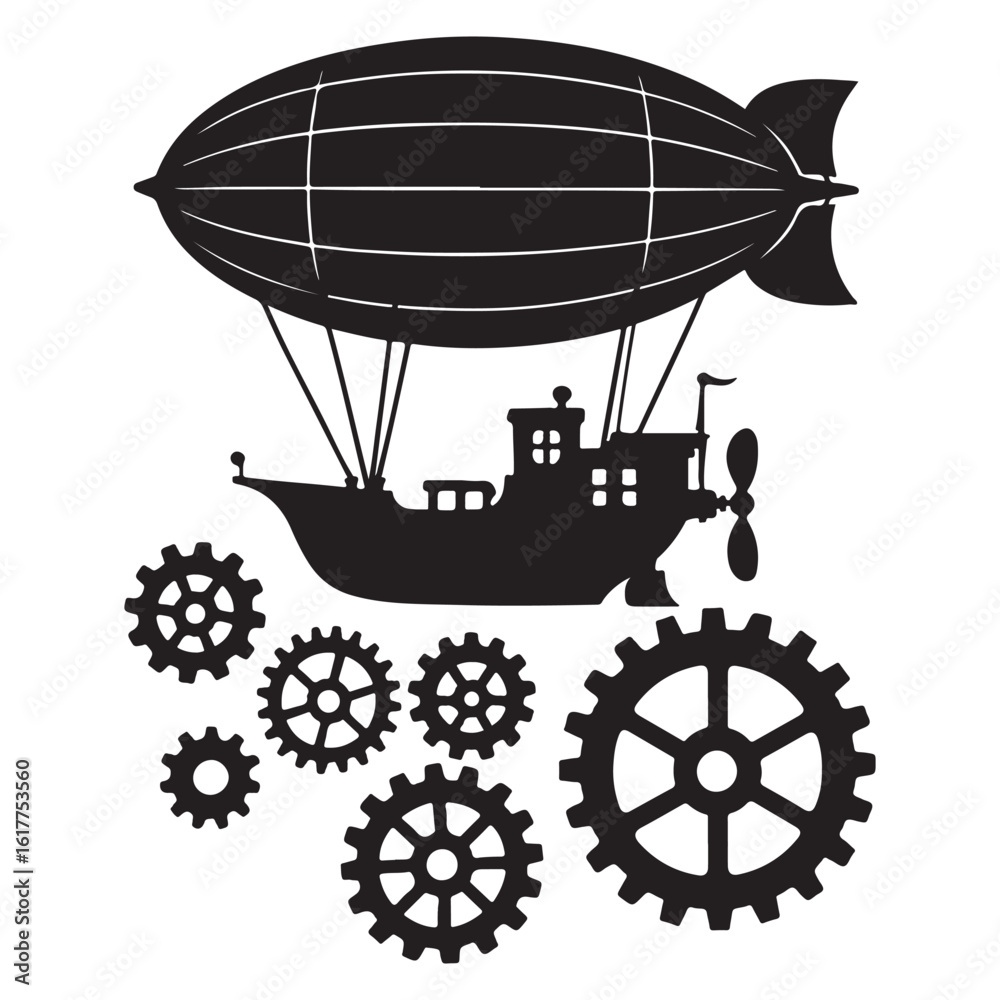Naklejka premium Black silhouette of a fantasy steampunk dirigible with mechanical gears. Industrial revolution era inspired vector transport.
