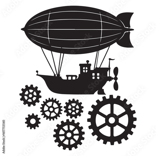 Black silhouette of a fantasy steampunk dirigible with mechanical gears. Industrial revolution era inspired vector transport.