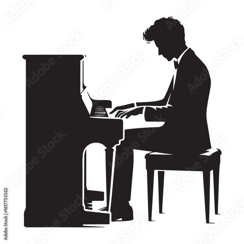 Silhouette of a pianist in a suit playing a classical piece on an upright piano. A musical performance concept illustration.