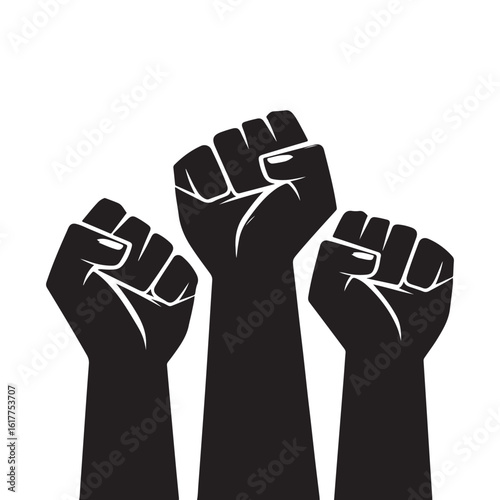 Vector graphic of three raised black fists symbolizing protest, solidarity, and revolution against a white background.