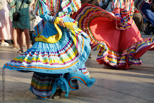 Dancers dancing and wearing one of the traditional folk costume from Mexico