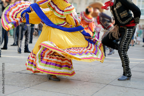 Dancers dancing and wearing one of the traditional folk costume from Mexico