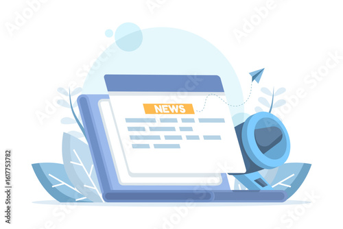 Concept of breaking news on the internet. Online news on a computer screen. Laptop with a press blog. News magazine on a digital device with a megaphone. Flat design.