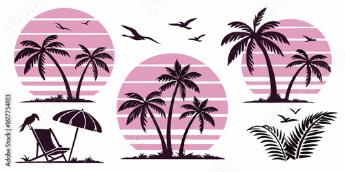 Retro Beach Sunset with Palm Trees and Birds Illustration for Summer Vacation Vibes and Relaxing Tropical Getaway