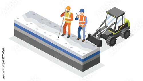 Isometric view of construction site with two workers and a tractor on a layered structure