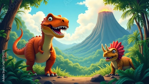 Fototapeta Naklejka Na Ścianę i Meble -  Two friendly dinosaurs in a lush prehistoric landscape.