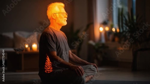 Elderly man practicing meditation indoors with glowing spine and chakra visualization, calm and peaceful atmosphere, cozy living room setting, wellness concept