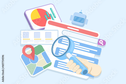 Illustration of an AI chatbot integrated with a search engine. AI provides search results, product reviews, and product ratings. Customers engage in online shopping and digital commerce.