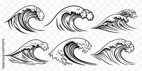 Stylized ocean wave illustrations in black and white for design elements or creative project applications and artistic representations of sea surges