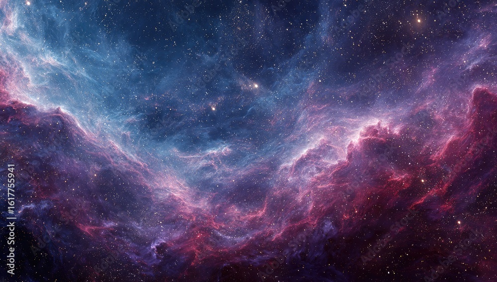 Fototapeta premium Cosmic Nebula Celestial Cloudscape, Red and Blue Gaseous Formation in Deep Space, Background Stars