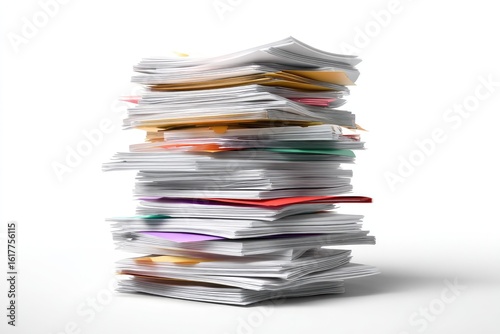 A large stack of papers of various colors and sizes sits on a white background