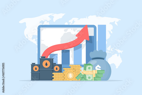 High oil prices. Crude oil barrel inflation. Graph showing the increase in the economic crisis. Crude oil prices surged post-crisis due to high demand in the energy sector.