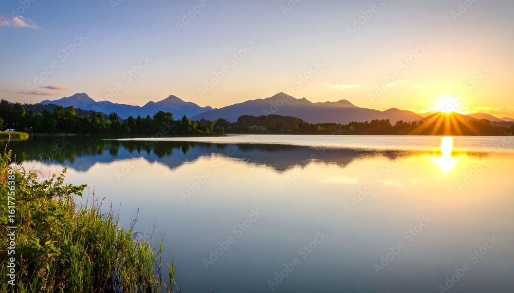 Serene lake sunrise reflecting mountains Serene lake sunrise reflecting mountains