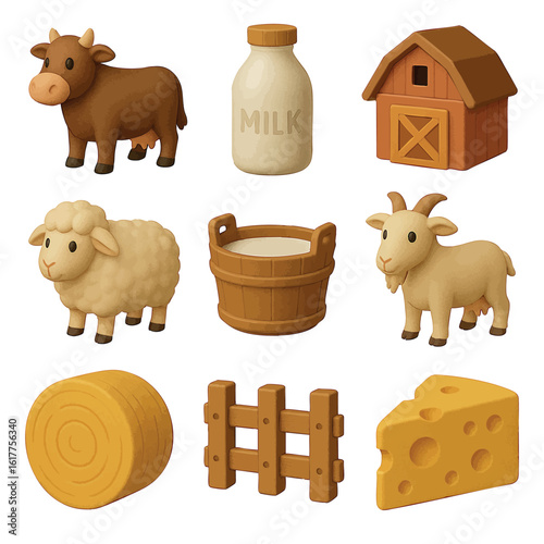 A cute 3D icon pack featuring cows, goats, sheep, barns, cheese, milk, and more. Ideal for farm-themed projects, agriculture apps, and educational visuals.
