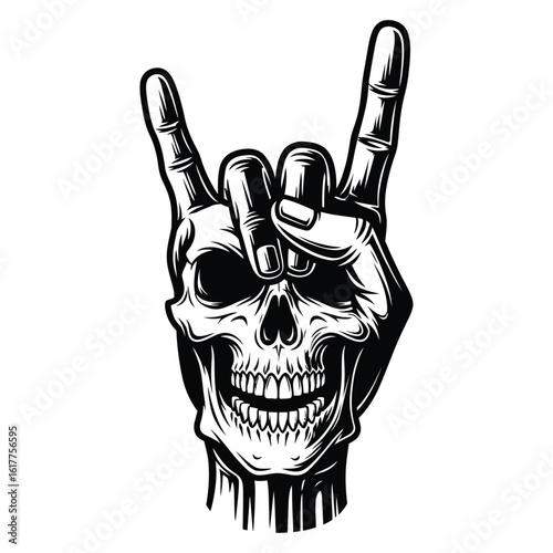 Vector illustration of skull with rock n roll hand gesture isolated on white background