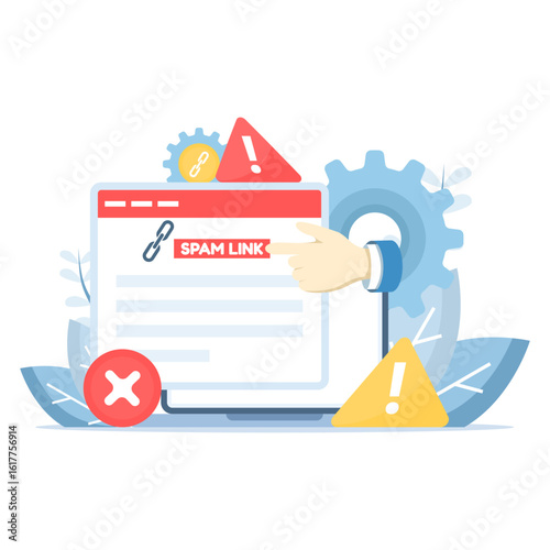 Flat illustration. Spam link warning with broken chain. Dangerous link concept. Unsafe website address. SEO dangers of spam link tactics and spam links. Flat illustration.