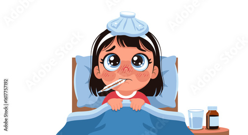 Sad child with fever and thermometer in bed, seeking comfort and relief from illness