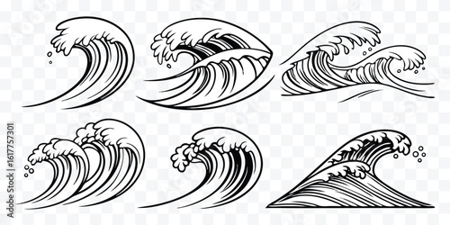 Black and white wave vectors with stylized ocean waves in varying shapes and sizes set against a transparent background