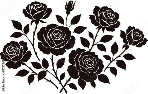 Black Silhouette Rose Flower Vector Art, high quality floral silhouette illustration featuring blooming rose flowers with buds leaves and thorns for tattoo logo print packaging and decoration