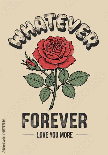 Grunge Red Rose Poster with Vintage Floral Illustration, Distressed Typography, and Alternative Romantic Aesthetic on Beige Canvas