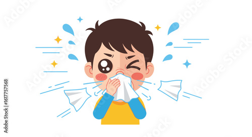 Cute boy sneezing into tissue, feeling unwell with allergy symptoms, illustration