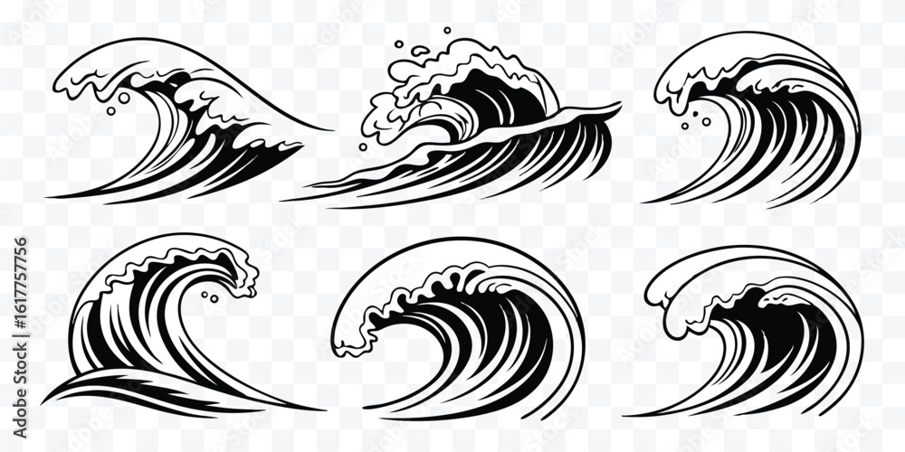 Fototapeta premium Illustrative Black and White Set of Ocean Wave Designs for Creative Projects and Artistic Applications