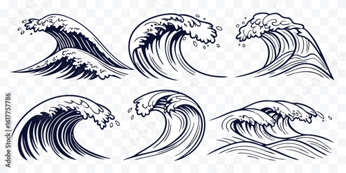 Hand Drawn Ocean Wave Collection in Black and White Line Art for Marine Themes and Nautical Illustrations