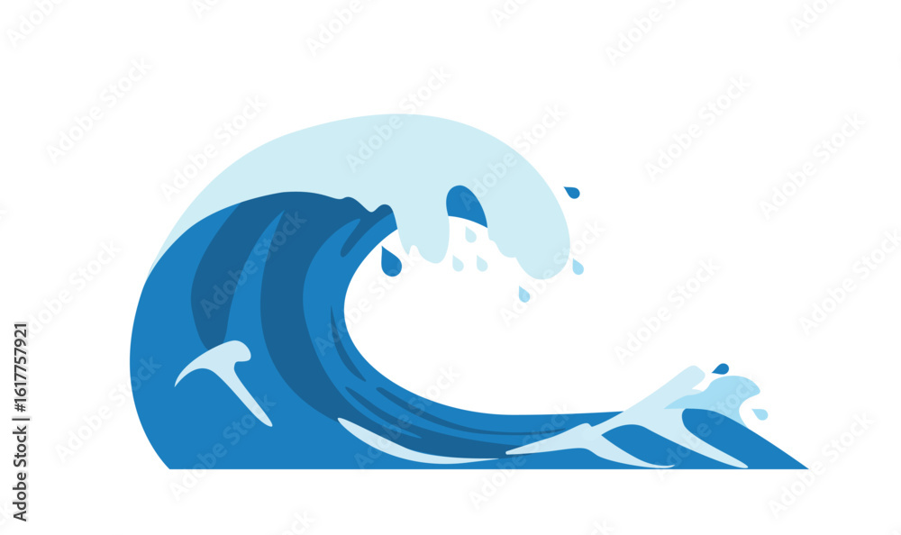 Obraz premium tsunami, Stylized Blue Ocean Wave with White Foam on White Background