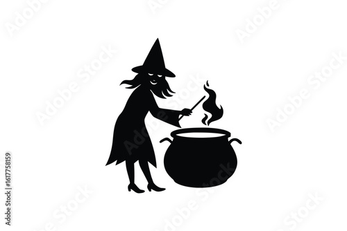 Silhouette design illustration of a witch stirring a bubbling cauldron.eps
