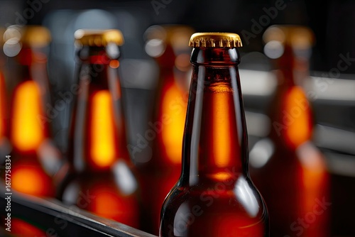 Focused beer bottle in a row with gold caps blurred background strong amber light