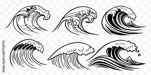 Six Unique Hand Drawn Ocean Wave Illustrations in Black and White for Creative Projects or Decorative Use