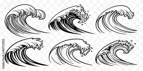 Black and White Vector Illustration of Six Stylized Ocean Waves for Artistic Design and Creative Projects