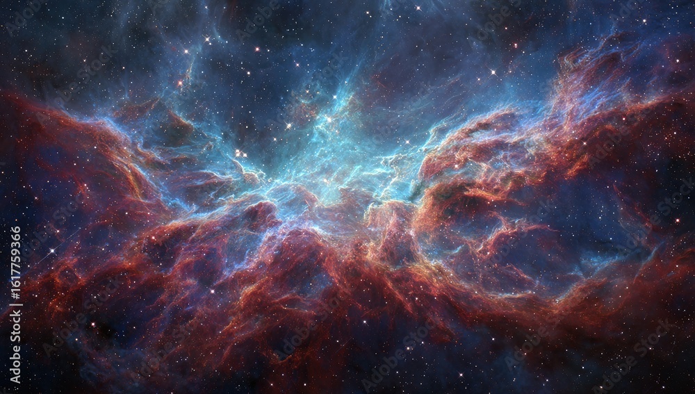 Fototapeta premium Cosmic Nebula Celestial Cloudscape, Red and Blue Hues, Starry Background, Space Exploration