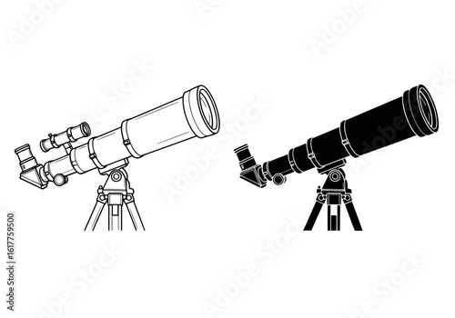 Vector art of a telescope on a tripod, shown in line art and silhouette