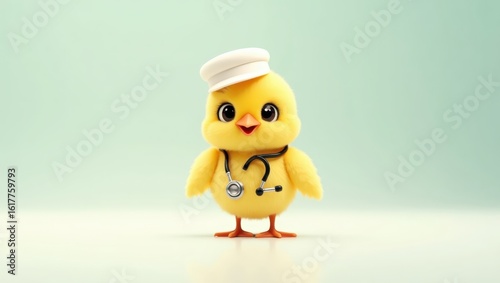 A cute, cartoon chick wearing a doctor's cap and stethoscope.