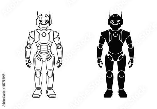 Vector art of humanoid robot illustration in outline and silhouette isolated on white background