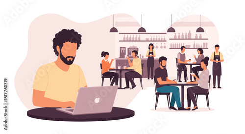 Man working on laptop in a busy cafe, perfect for illustrating remote work, coworking spaces, or coffee shop culture.