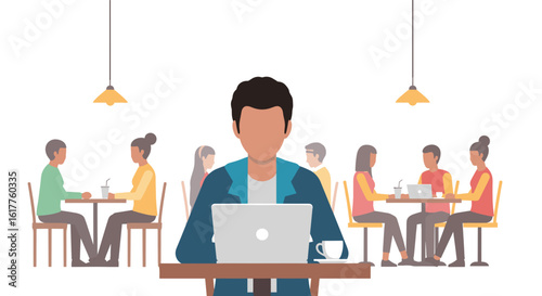 Man working on laptop in a busy cafe, ideal for website banners or blog posts about remote work or coworking spaces.