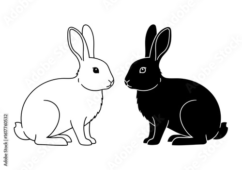 Vector art of two rabbits, one black and one white, isolated on white background
