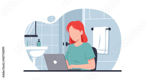 Woman working on laptop in bathroom, perfect for blog posts about remote work or work-life balance.