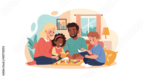 Happy family playing board games at home. Perfect for family blogs, websites and articles about family time.
