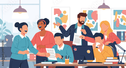 Happy diverse business team collaborating on project, perfect for landing page or company brochure.