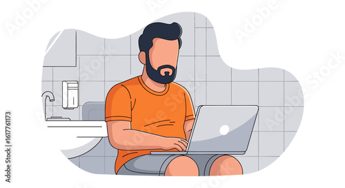 Man working on laptop in bathroom - illustration for articles about remote work, work-life balance, or unusual workspaces.