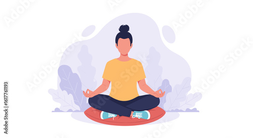 Woman meditating in lotus position, perfect for wellness websites or mindfulness apps.