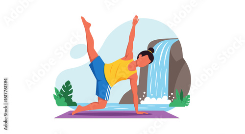 Person doing yoga pose near a waterfall - perfect for wellness websites, brochures, and social media.