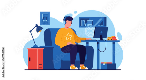 Man working from home, using computer and headphones. Perfect for blog posts, articles about remote work, or productivity.